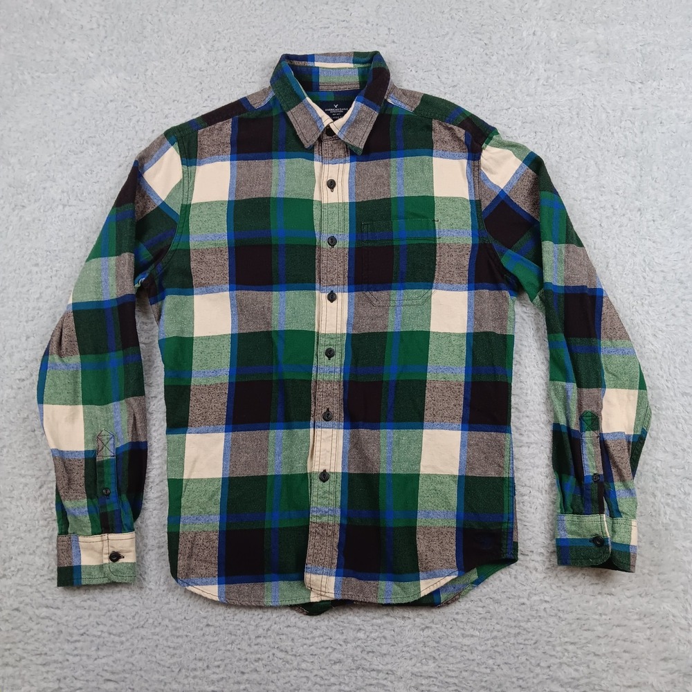 American Eagle Button Down‎ Classic Fit Mens M Green Plaid Flannel 100% Cotton